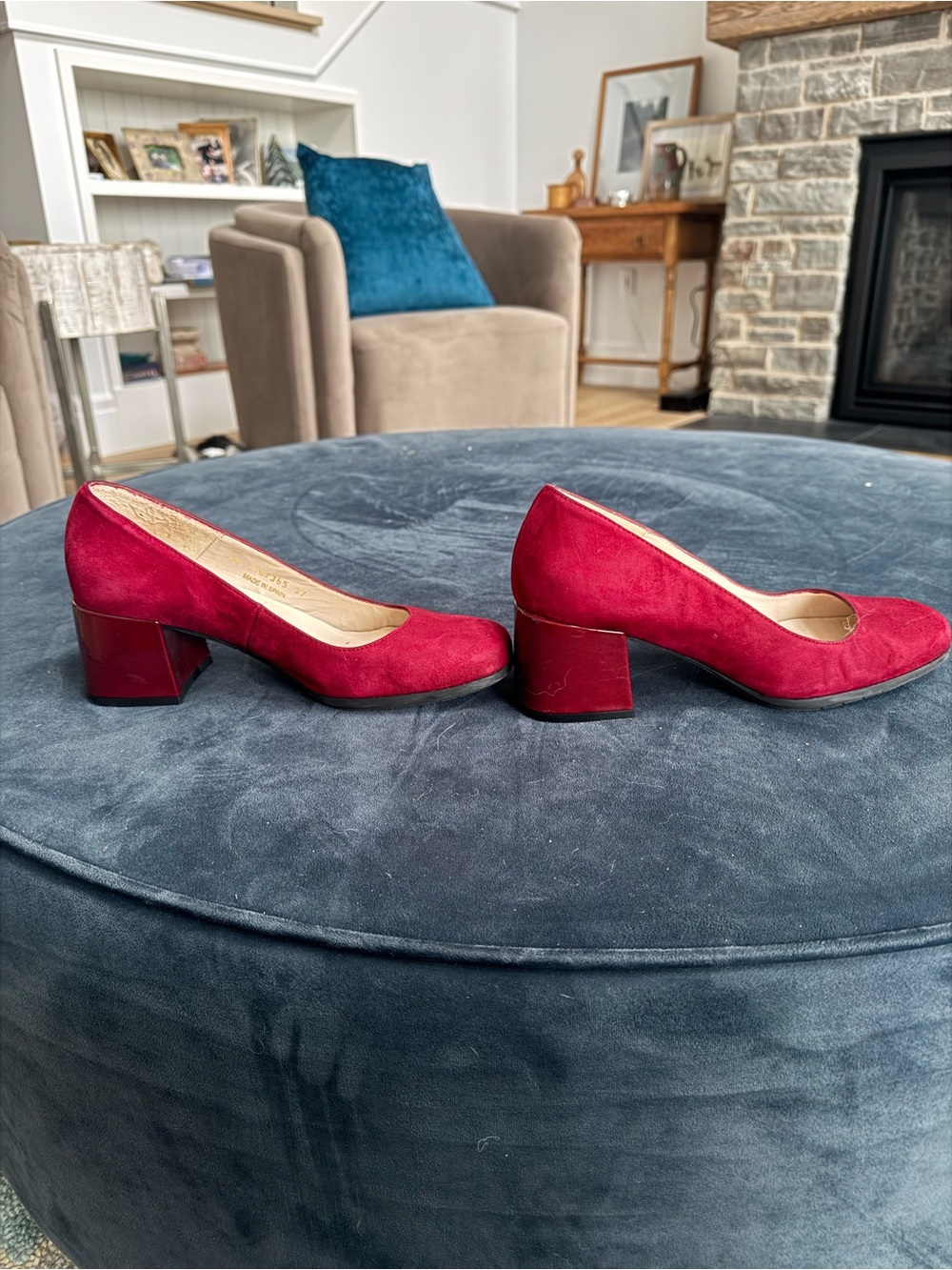 Women's Red Suede Low Block Heel Pumps